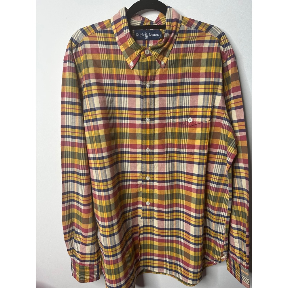 Ralph Lauren Mens Large Plaid Button Down Shirt Yellow Red Cotton Popover L